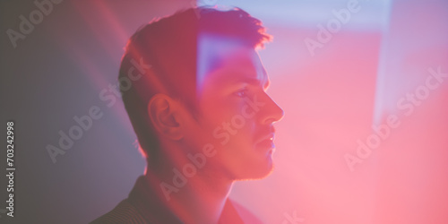 Young man in profile, his face illuminated by a stark red light, creating a dramatic effect