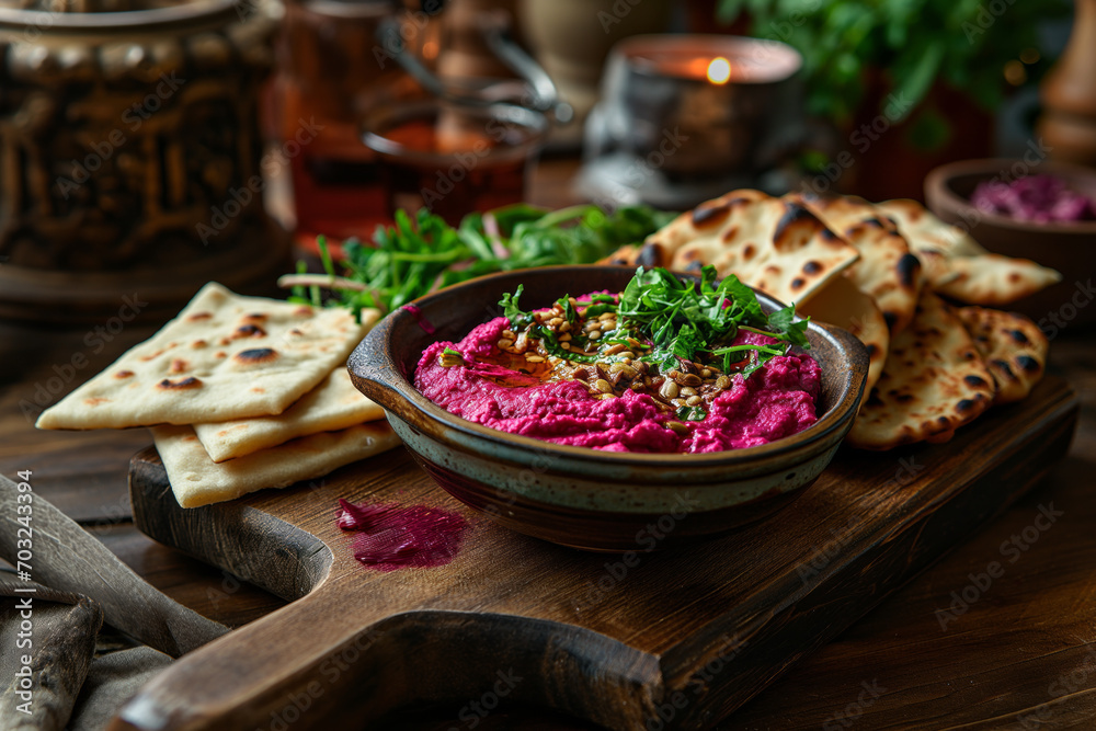Bowl of garnished beetroot hummus and home baked