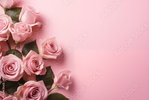 Pink roses and petals on pink background. Copy space  top view