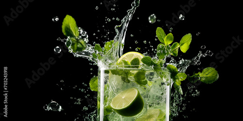 lime in water splash, Pouring fresh mojito cocktail in glasses isolated on black background, Fresh drink with green lime, generative AI

