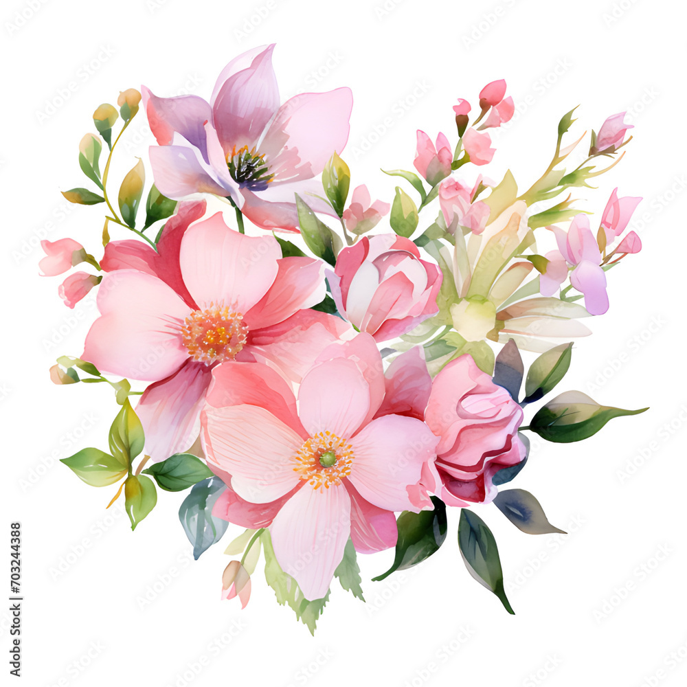 Watercolor peach flowers bouquet on white background