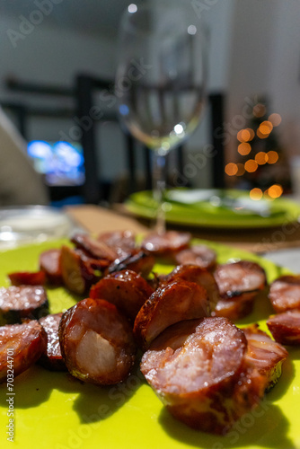 Sliced and roasted Portuguese sausage, perfect for culinary concepts or traditional cuisine visuals.