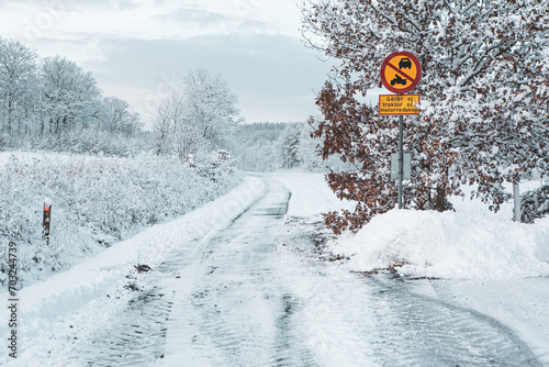 End of road in winter landscape in Hassleholm, Sweden