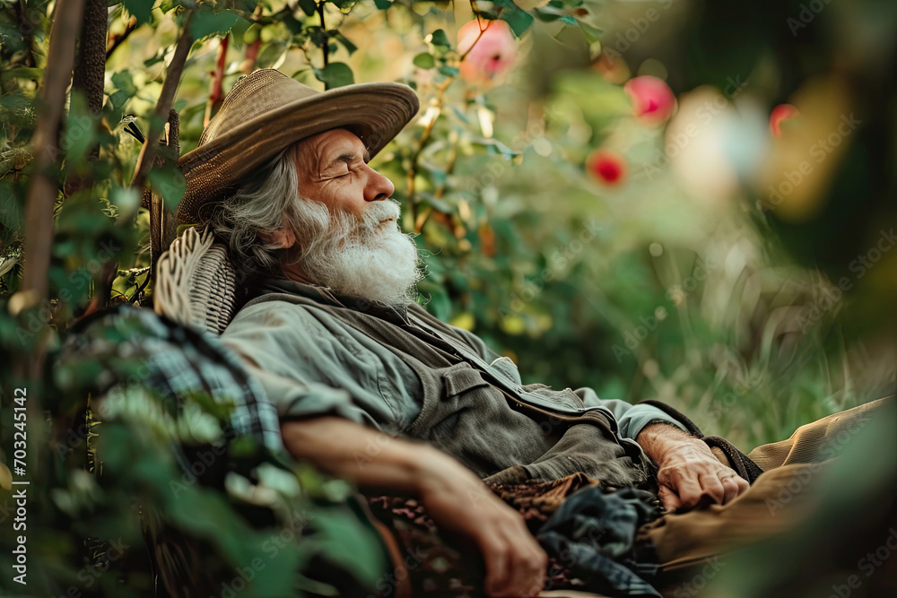 Entspannung im Garten Alter Mann genießt die Ruhe