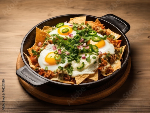Traditional Mexican food, Chilaquiles with cheese and sour cream on a wooden table