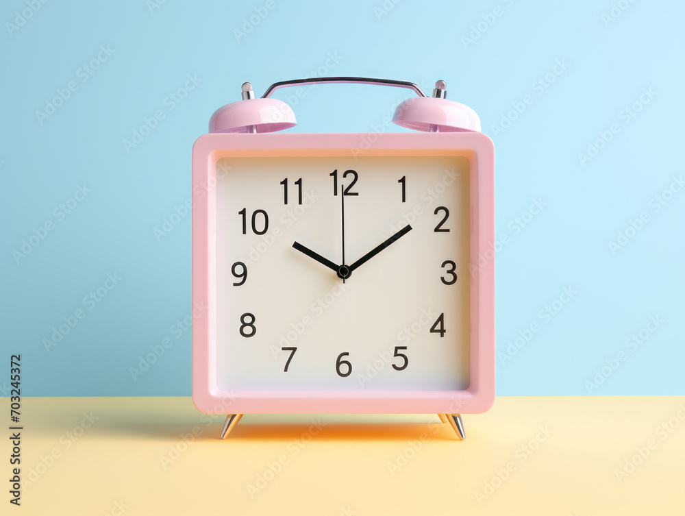 Small pink alarm clock, black numbers, set the time for 10.10 o'clock, on blue pastel background Small pink alarm clock, black numbers, set the time for 10.10 o'clock, on blue pastel background