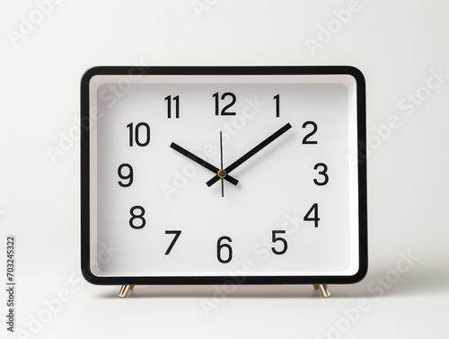 Small square alarm clock, black numbers, set the time for 10.10 o'clock, on white background