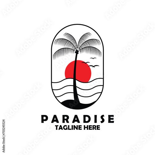palm and beach logo vector illustration design in line art style simple, paradise beach vector in oval frame with design style minimalist lines