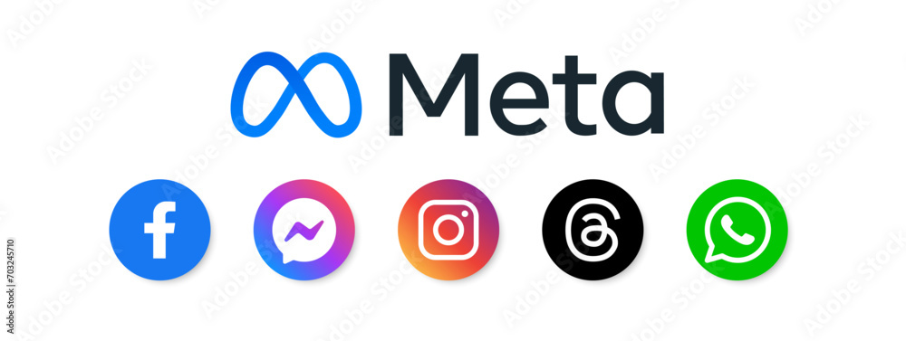 Meta apps. Facebook, Messenger, Instagram, Threads, Whatsapp logotype