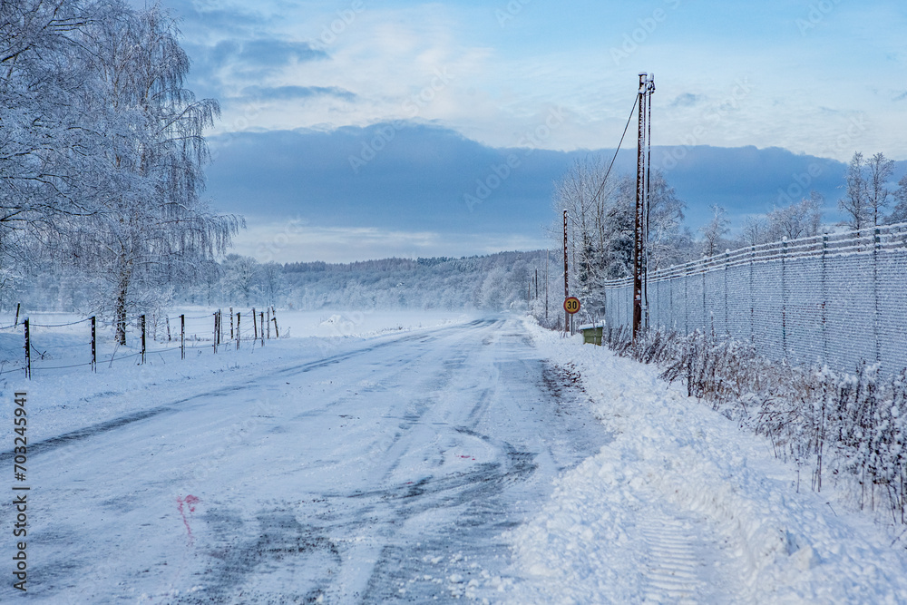 Road in winter landscape in Hassleholm, Sweden