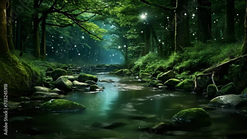 A babbling brook flows gently through the forest, its crystalclear waters reflecting the moon and stars above, creating a breathtaking backdrop for lovers to get lost in. photo