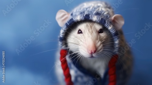 Funny portrait of a rat in a knitted hat. Cute mouse in a hat. Funny animals print, poster, wallpaper. Cute pets. Cold weather. Winter collection of knitted clothes. Products for rodents.