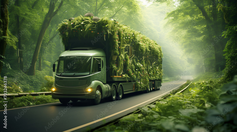 Ecological truck transporting goods along a green
