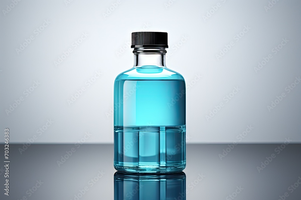 A transparent bottle with blue liquid for product display A transparent bottle with blue liquid for product display