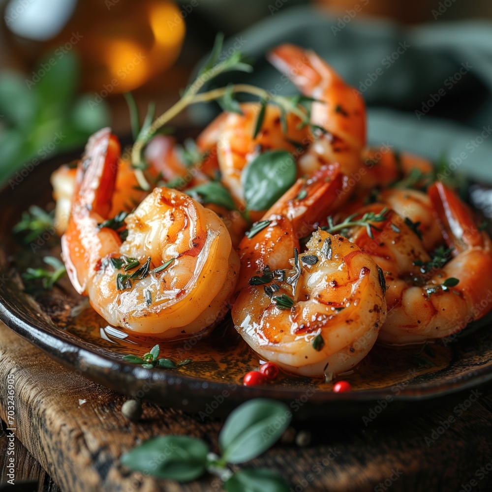 Crevettes, gambas sautées à la poêle parsemées d'herbes. Photographie de qualité magasine. Shrimp, prawns sautéed in a pan sprinkled with herbs. Magazine quality photography. Crevettes, gambas sautées à la poêle parsemées d'herbes. Photographie de qualité magasine. Shrimp, prawns sautéed in a pan sprinkled with herbs. Magazine quality photography.
