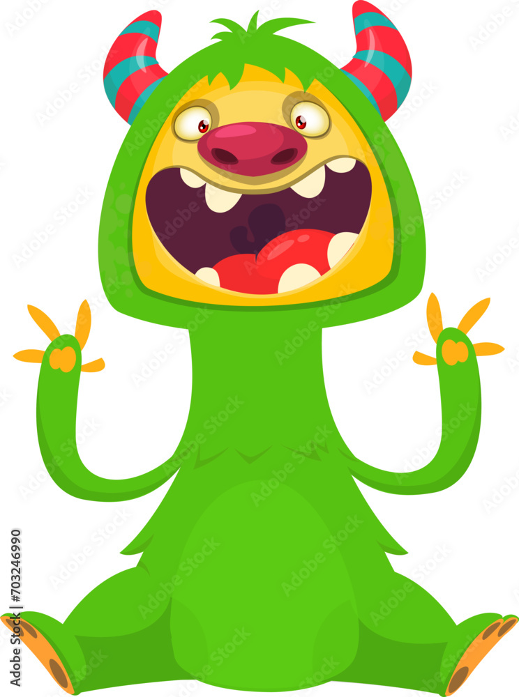 Fototapeta premium Cartoon happy monster with funny face expression sitting. Vector illustration isolated on white. Great for Halloween party or package design