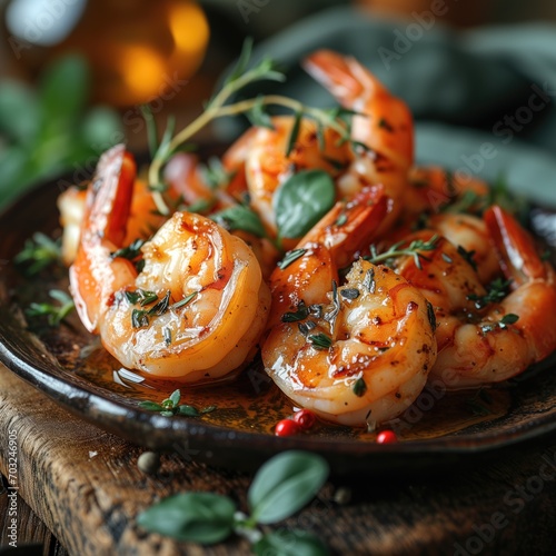 Crevettes, gambas sautées à la poêle parsemées d'herbes. Photographie de qualité magasine. Shrimp, prawns sautéed in a pan sprinkled with herbs. Magazine quality photography.