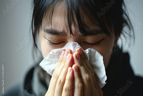 Femme malade qui se mouche, typée asiatique. Woman blowing her nose, Asian type, sick. photo