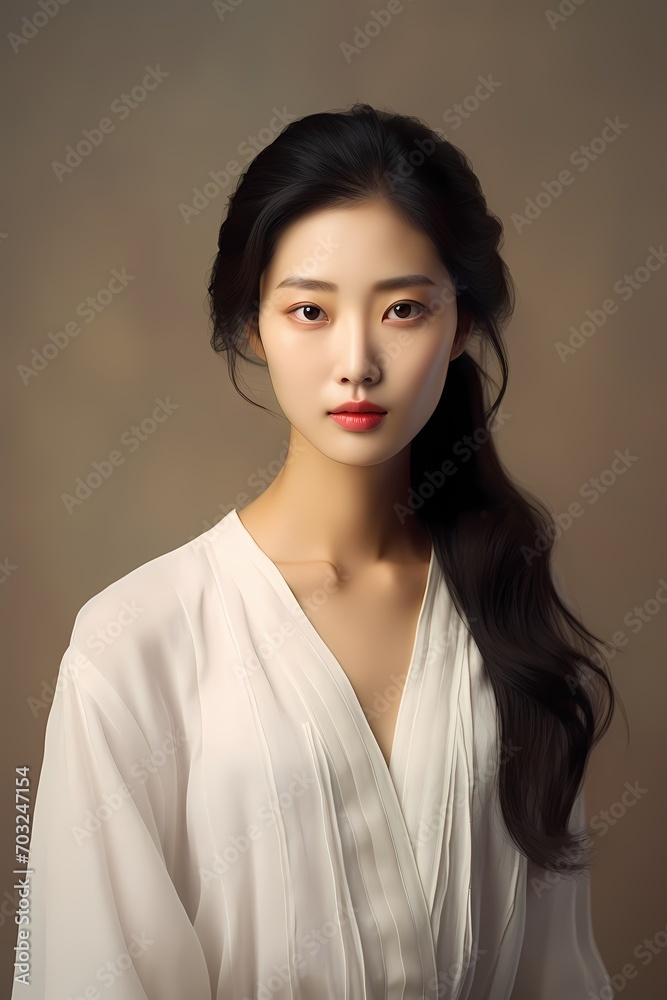 A Korean woman with gentle makeup, dressed in a simple white blouse, against a soft studio backdrop, radiating elegance and poise. A Korean woman with gentle makeup, dressed in a simple white blouse, against a soft studio backdrop, radiating elegance and poise.
