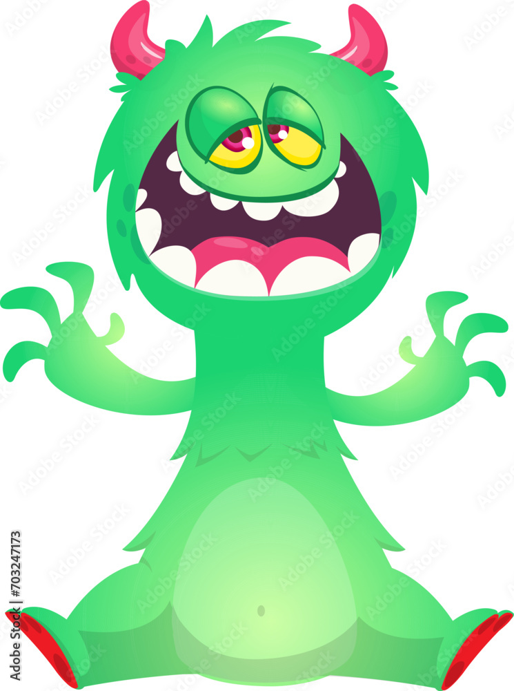 Fototapeta premium Cartoon happy monster with funny face expression sitting. Vector illustration isolated on white. Great for Halloween party or package design