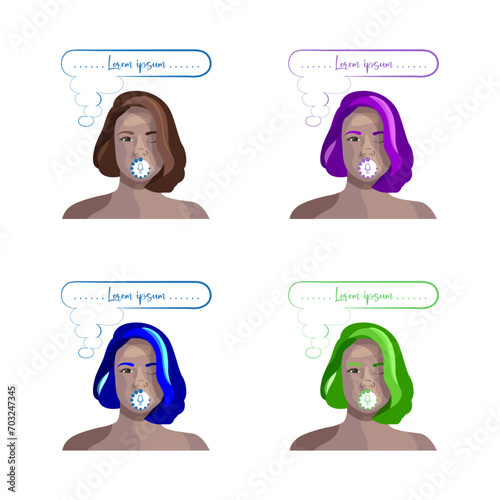 Set of posters with girls with coloured hair. Girls messages. Girls speak