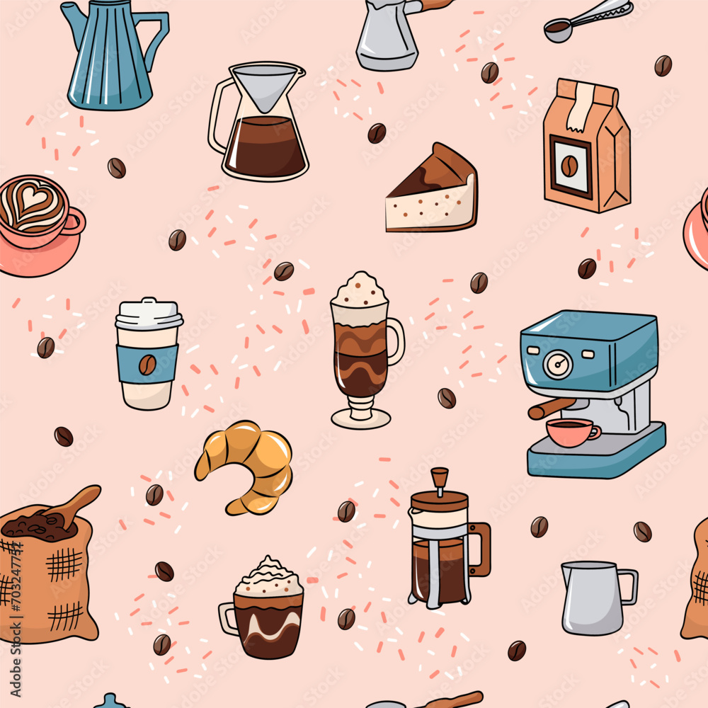 Coffee shop cute pink seamless pattern. Coffee & bakery vector background. Print for packaging, fabric.
