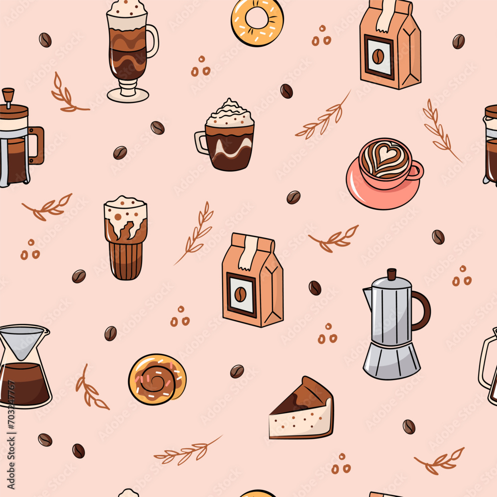 Coffee shop and bakery cute pink seamless pattern. Vector editable background. Print for packaging, fabric.