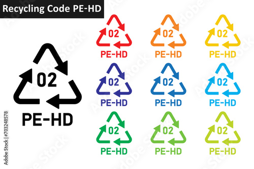 PE-HD plastic recycling code icon set. Plastic recycling symbols 02 PE-HD. Plastic recycling code 02 icon collection in ten different colors. Set of plastic recycling code symbol icon 02 PE-HD.