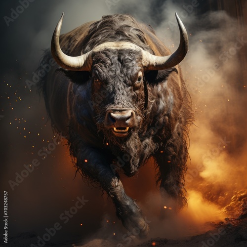 Portrait of a bull in smoke, blood and fire. Traditional bullfighting in Spain. Dangerous bull hunt. A scary portrait of a bull running in the smoke. The head of a bull in paint and smoke.