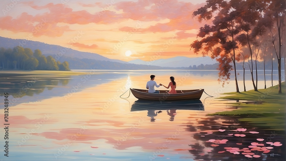  A tranquil lakeside setting for Valentine's Day, with a peaceful water surface reflecting the soft hues of the setting sun.