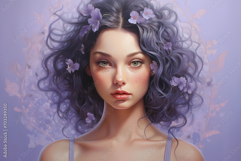 A magnetic and charming young woman, radiating grace against a subtle lavender background.