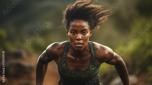 Close up photo of black female fitness enthusiast having an intensive workout in nature 