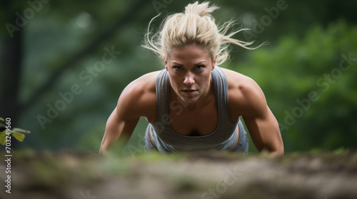 Close up photo of a blonde female fitness enthusiast having an intensive workout in nature 