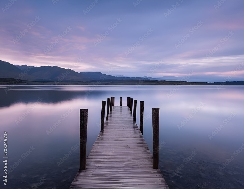 a long dock that is sitting in the water with mountains in the background