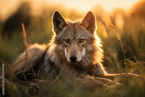 a wolf is lying in the tall grass looking to the left