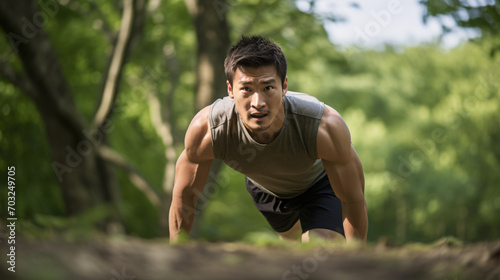 Close up photo of an asian male fitness enthusiast having an intensive workout in nature 