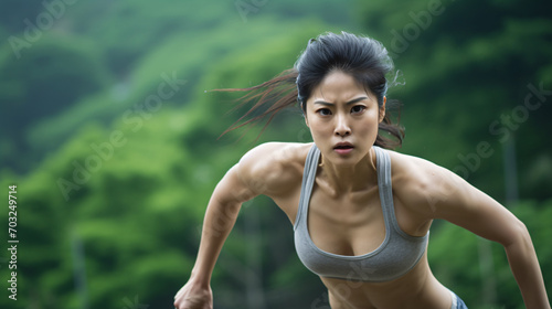 Close up photo of an asian female fitness enthusiast having an intensive workout in nature 