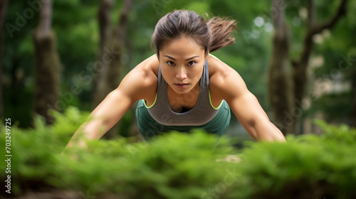 Close up photo of an asian female fitness enthusiast having an intensive workout in nature 
