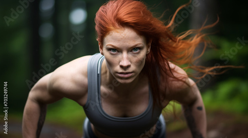 Close up photo of a red haired female fitness enthusiast having an intensive workout in nature  © boti1985