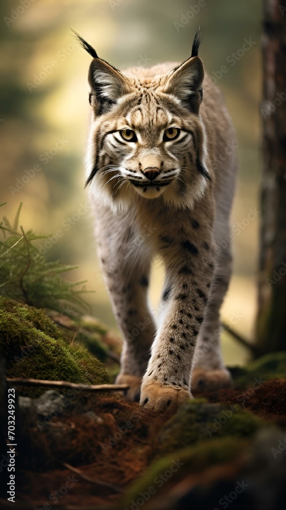 Fototapeta premium an image of a lynx walking in the woods for sale