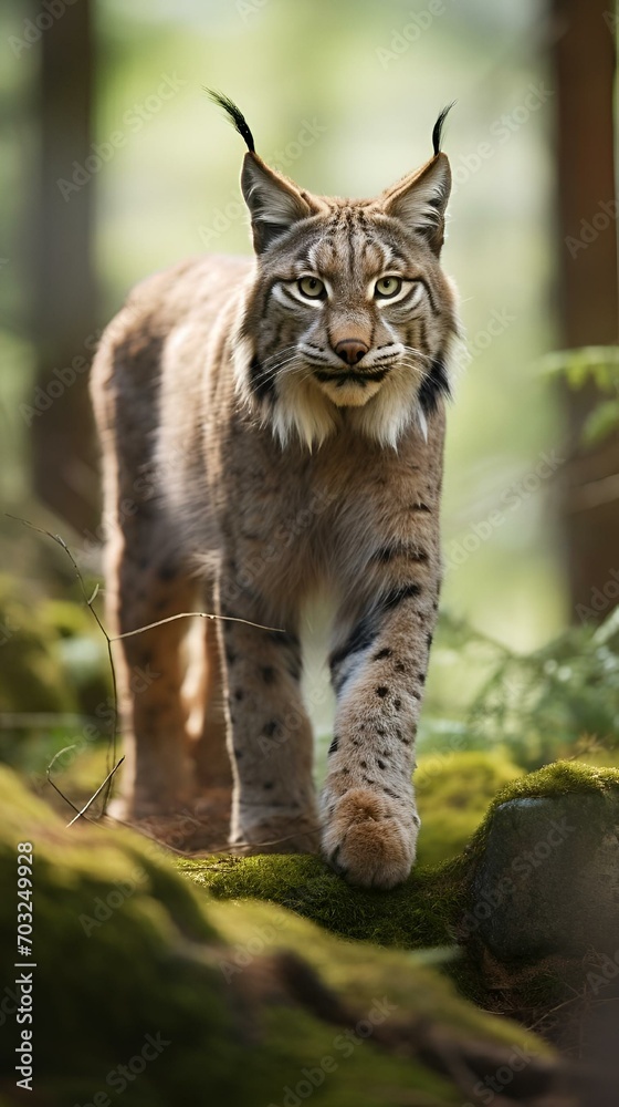 Obraz premium a lynx walks in a green forest through the mossy rocks