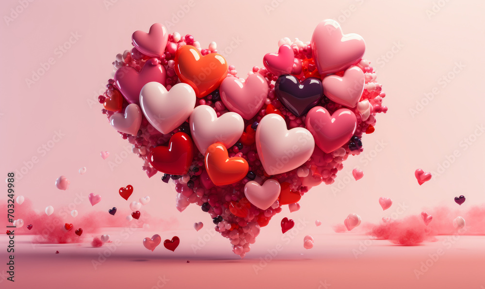 Abstract Heart Shape Composed of Assorted Red and Pink Baloons on a Gentle Rose Background, Symbolizing Love and Affection