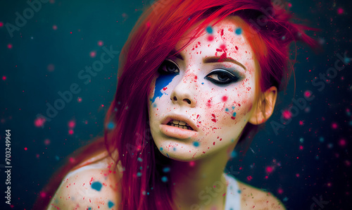 Vibrant artistic portrait of a young red-haired woman with a splattered paint effect across her face and hair