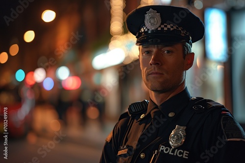 A committed policeman, confidently walking the beat on a busy urban street to maintain law and order