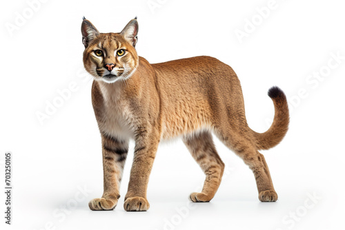 Image of an african golden cat(Caracal aurata) on white background, Mammals, Wildlife Animals. Illustration, Generative AI.