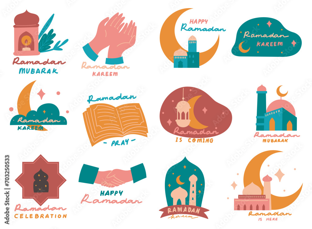 Set ramadan sticker in flat style doodle illustration, eid al fitr greeting card design elements 