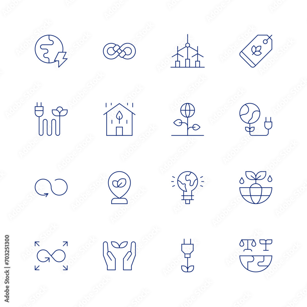 Sustainability line icon set on transparent background with editable stroke. Containing wind turbine, tag, natural, planet, green energy, earth, world trade, sustain, sustainable, green city.