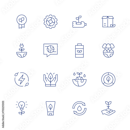Sustainability line icon set on transparent background with editable stroke. Containing recycling, package, eco battery, ecology, eco friendly, water, sprout, sustain, speech bubble, sustainable. photo