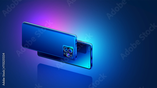 3d vector smartphone with the camera turned forward levitates on a pink blue background. Two phones, turned sideways, hang in the air above the table. Modern Electronic devices in isometry. Cellphone.