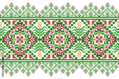 Ethnic Floral Pixel Art Seamless Pattern.  Vector design for fabric, tile, embroidery, carpet, background, and wallpaper